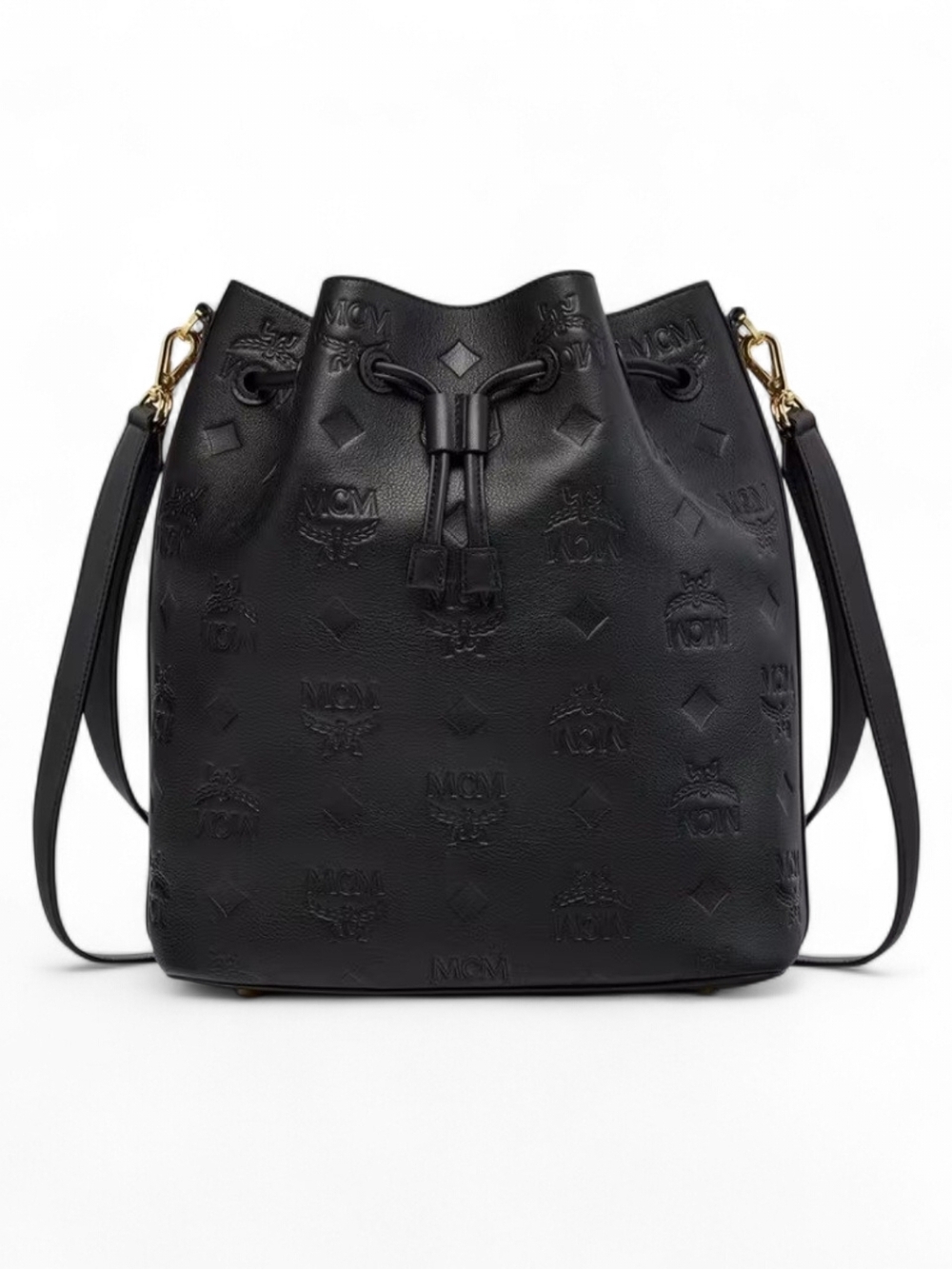 MCM Black Embossed Leather Drawstring Bucket Bag